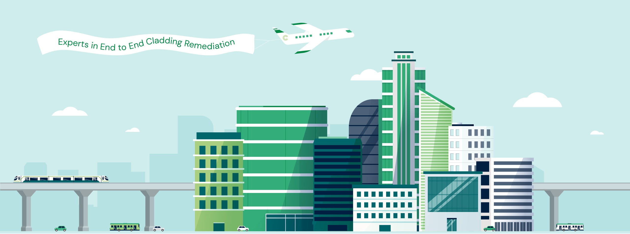 Illustrated city skyline with green and navy buildings